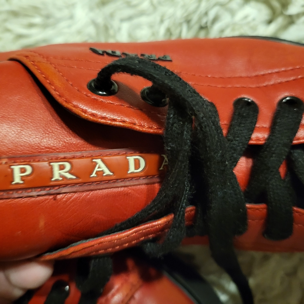 100% AUTHENTIC VIBRANT RED PRADA LEATHER SNEAKERS TRAINERS UNISEX ADULTS KIDS - Picture 9 of 16